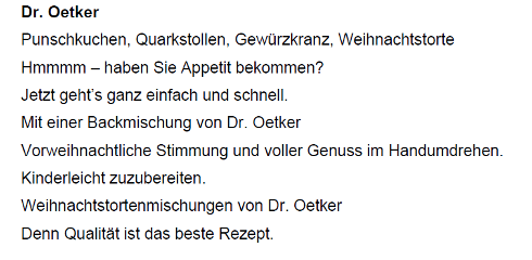 Abb. 1: Dr. Oetker-Werbespot: Weihnachtstortenmischungen